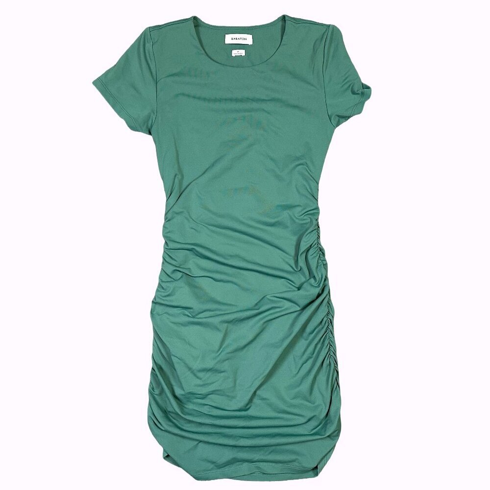 Aritzia Babaton Contour Ruched Mini Minimalist Dress Green Scarab Size Medium